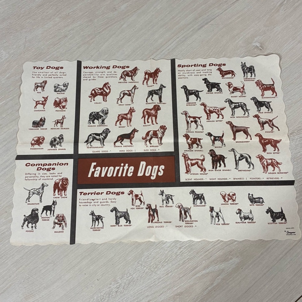 Vintage Favorite Dogs Placemat Springprint #275 RARE Breeds Collectible Folded